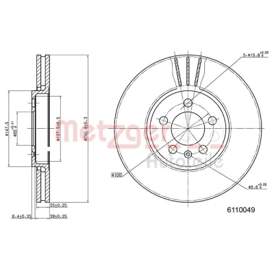 Abbildung von METZGER 6110049 Bremsscheibe Vorderachse 287,8 25 5 100 innenbelüftet lackiert, Kreuzschliff mit Schrauben AUDI: A1 Sportback, SKODA: Fabia III Kombi