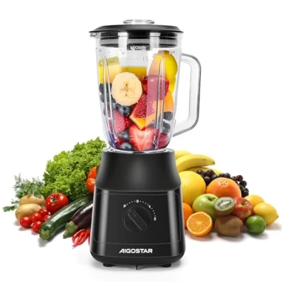 Abbildung von Aigostar Swift Standmixer und Smoothie Maker, 1.5 Liter Glasbehälter, Titanbeschichteten Klingen, Ice Crush Funktion, 2 Geschwindigkeiten + Pulse, Spülmaschinenfeste Teile, 800W, Schwarz