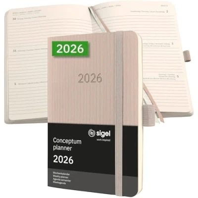 Abbildung von SIGEL C2631 Wochenplaner Wochenkalender 2026, ca. A6, taupe, Softcover, 176 Seiten, Gummiband, Stiftschlaufe, Archivtasche, aus nachhaltigem Papier, Kalenderbuch Conceptum