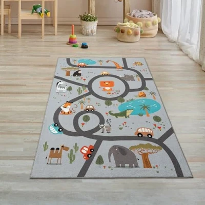 Abbildung von Teppich Traum Kinderteppich Kinderzimmer waschbar rutschfest Spielteppich Safari Straßen Autos Tiere Läufer grau 80 x 150 cm