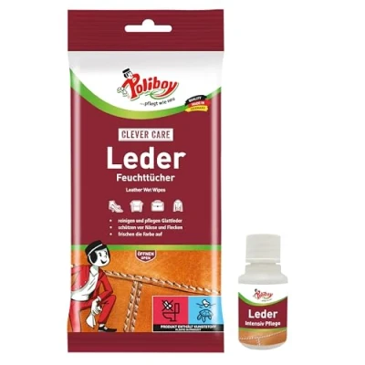 Abbildung von POLIBOY Leder Feuchttücher Zur Pflege und Reinigung von Glattleder Farbauffrischung Schutz mit Carnaubawachs 1x 20 Tücher inkl. Produktprobe Made in Germany