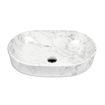Abbildung von Stabilo Sanitär Waschbecken Keramik Marmoroptik Aufsatzwaschbecken Oval Komplettset (Komplett Set, 1 St., mit inkl. Abflussrohr und Abflussstopfen), ist pflegeleicht, robust, langlebig belastbar.