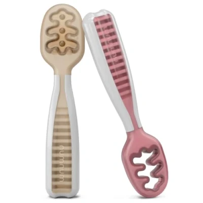 Abbildung von NumNum Baby Spoons Set, Pre Spoon GOOtensils for Kids Aged 6+ Months First Stage, Led Weaning (BLW) Teething Self Feeding, Silicone Toddler Food Utensils 2 Spoons, Beige/Mauve