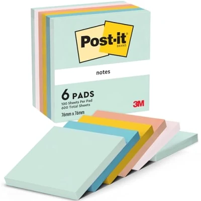 Abbildung von Post it Notes Beach Collection, Packung mit 6 Blöcken, 100 Blatt pro Block, 76 mm x mm, Grün, Gelb, Orange, Blau, Pink Selbstklebende Notizzettel für Notizen, To Do Listen und Erinnerungen