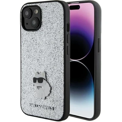 Abbildung von Karl Lagerfeld KLHCP15SGCNPSG Hülle für iPhone 15 6.1&quot; Silber hardcase Fixed Glitter Choupette Logo Metal Pin