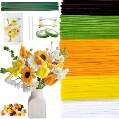 Abbildung von YYUENGTAK 500 Stück Gelb Pfeifenreiniger Blumen Set（5 Farben）,Pfeifenputzer zum Basteln Blumen,pipe cleaners flower,mit Anweisungen,pompons,20 Blumendraht,2 verschiedene Staubblatt