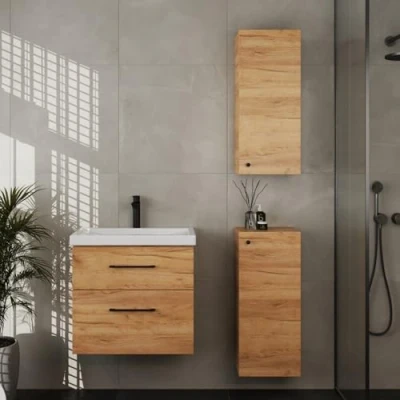 Abbildung von Planetmöbel Badset aus Unterschrank 63cm mit Waschbecken und 2X Midischrank in Gold Eiche, Set für Badezimmer 4 teilig