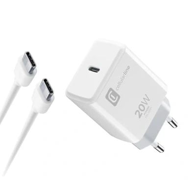 Abbildung von Cellularline Ladegerät Kit 20 W für iPhone 15 Serie bestehend aus einem USB C + Kabel, mit dem die verschiedenen Modelle sicher aufgeladen Werden können