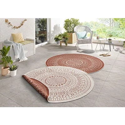 Abbildung von Northrugs Porto in und Outdoor Teppich Rund Runder Wendeteppich Wasserfest Mandala Design Flachgewebe Wetterfest für Balkon, Terrasse, Garten, Wohnzimmer Terra Creme, ⌀140cm