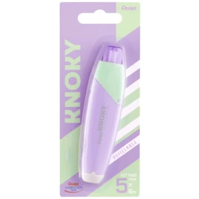 Abbildung von Pentel XZTT805V WY Knoky Korrekturband mit Druckmechanik, ergonomische Form, nachfüllbar, Länge 6m, Breite 5mm, Gehäusefarbe violett, 1VE=12 Blisterkarten