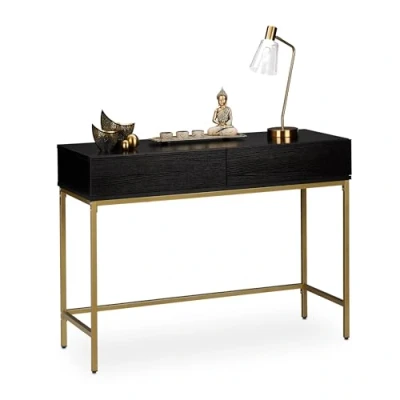 Abbildung von Relaxdays Konsolentisch, 2 Schubladen, Sideboard Flur, Wohnzimmer, Ablagetisch Holzoptik, HBT 80x110x40 cm, schwarz/gold
