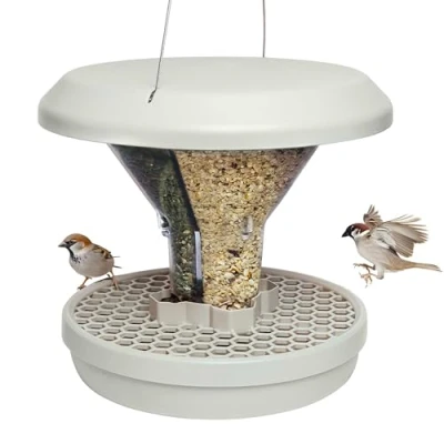 Abbildung von SWISSINNO Vogelfutterhaus zum Aufhängen Davos SMART Birds Vogelfutterspender mit Auffangschale Futterstation für Vögel Futtersilo Rattensicher Vogelhaus Garten &amp; Balkon Hellgrau