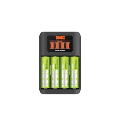 Abbildung von 100% PeakPower Premium Schnellladegerät AA AAA, NiMH Batterie Ladegerät mit Einzelschacht Ladung und LC Display, Akku 4 Akkus Batterien wiederaufladbar
