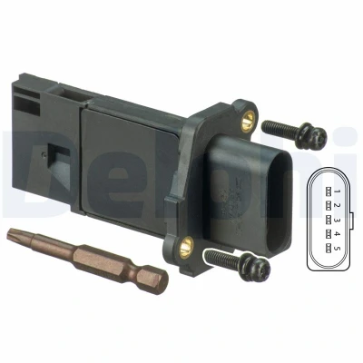 Abbildung von DELPHI AF10144 12B1 Luftmassenmesser AUDI: A6 C6 Avant, A4 B7 Limousine, VOLKSWAGEN: GOLF 5 Schrägheck, Passat B6 Variant, 6