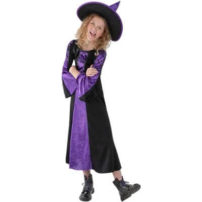 Abbildung von Smiffys Hexen Kostüm Düstere Hexe für Kinder, Bodenlanges Halloweenkostüm mit Hexenhut Mädchen