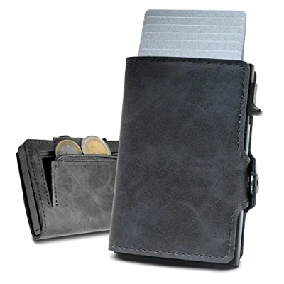 Abbildung von slimfin® Slim Wallet mit Münzfach Kartenetui Geldbeutel Herren Geldbörse Portemonnaie Portmonee Card Holder klein/Mini RFID Schutz Grau
