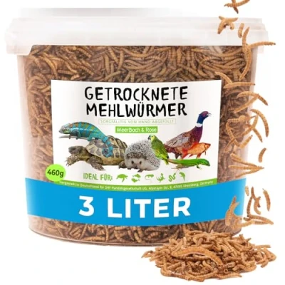 Abbildung von Mehlwürmer getrocknet, 3 Liter (460g) Futtermittel im Eimer, Igelfutter, Vogelfutter Wildvögel, proteinreicher Snack für Fische und Reptilien