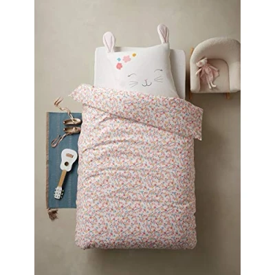 Abbildung von VERTBAUDET Kinder Bettwäsche Set „Blumenhase“ Oeko Tex wollweiß/rosa 140X200 63X63