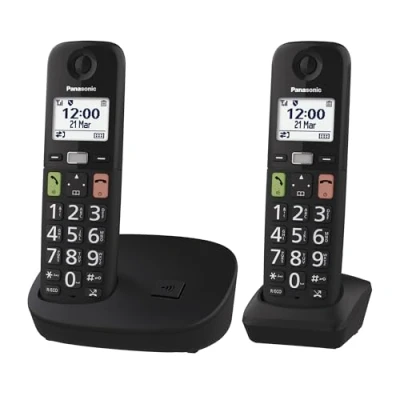 Abbildung von Panasonic KX TGU112EXB Digitales Schnurlostelefon mit Anrufbeantworter, Basiseinheit und 2 Mobilteilen, LCD Display, großen Tasten, Anruf Favorit, kompatibel Hörgeräten, Schwarz