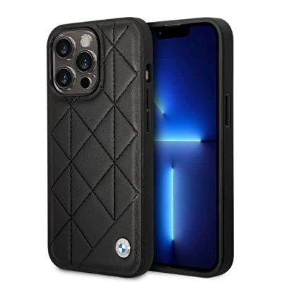 Abbildung von BMW Schutzhülle für iPhone 14 Pro Signature Collection in Schwarz gestepptes Muster, Echtleder &amp; Strapazierfähige Hülle mit Einfachem Snap on, Stoßdämpfung Logo
