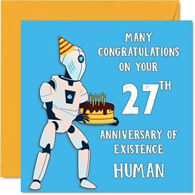Abbildung von Lustige Geburtstagskarte zum 27. Geburtstag für Männer und Frauen Roboter Droide Sohn, Tochter, Bruder, Schwester, Onkel, Tante, Nichte, Neffe, Cousin, 145 mm x mm, Witz,