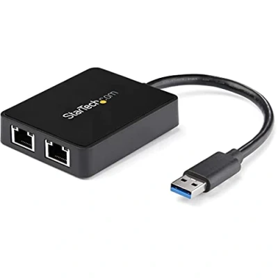 Abbildung von StarTech.com USB 3.0 auf Dual Gigabit Ethernet Adapter 2x 10/100/1000Mbit/s Netzwerk NIC mit Port zu RJ45 Passthrough Schwarz (USB32000SPT)