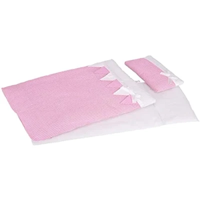 Abbildung von Goki Puppen Bettwäsche Puppenbettzeug rosa Streifen 3 teilig 50x23 cm, (Set, tlg., 1), mit Satinschleifchen