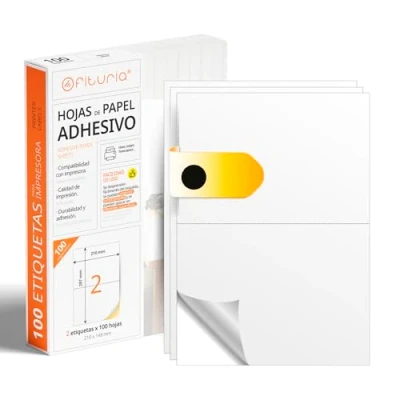 Abbildung von OFITURIA Etiqueta Adhesiva Blanca (A4) Papel de Pegatina para Imprimir Pack 100 Folios con Adhesivo Permanente y Fácil Despegue (100 Hojas, A5)