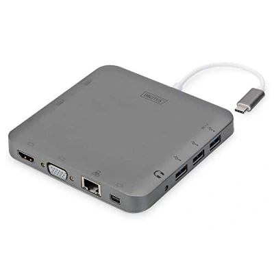 Abbildung von DIGITUS USB C Multiport Docking Station 11 Ports 1x HDMI, mDP, VGA (4K@30Hz) 3x 3.0 / 2.0, Typ RJ45 LAN, Klinke Audio, Kartenleser Grau
