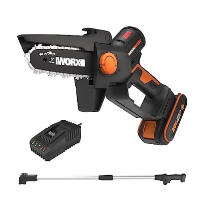 Abbildung von WORX NITRO WG325E.1 Mini Kettensäge 20V, Einhand Kettensäge, bürstenloser Motor, 12cm Schwertlänge, inkl. PowerShare Akku, Ladegerät &amp; 125cm Verlängerungsstange