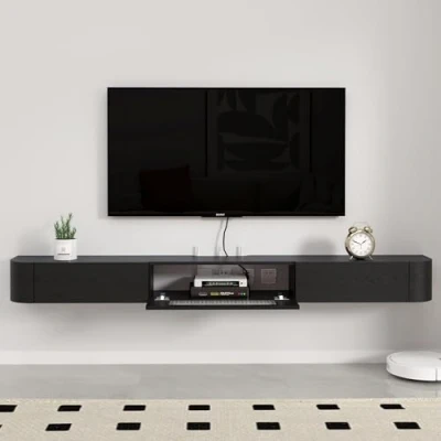 Abbildung von Pmnianhua Massivholz, TV Hängeschrank, Regal, Möbel zum Aufhängen mit 2 Schubladen und 1 Glastüren, schwebende Wand, Ständer, schwimmendes (160 cm/schwarz)