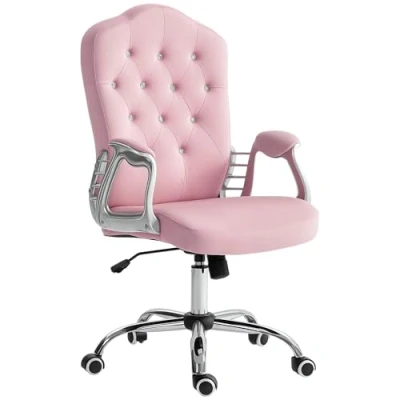 Abbildung von HOMCOM Bürostuhl, Ergonomisch Schreibtischstuhl mit Wippfunktion, Drehfunktion, Höhenverstellbar Computerstuhl funkelnden Kristallknöpfen, Samtoptik, für Home Office, Rosa
