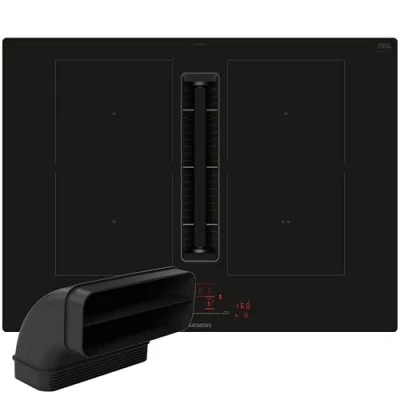 Abbildung von Siemens ED711HGA7, Smartes Induktionskochfeld mit Dunstabzug, 70 cm breit + 90º Flachkanal, vertikal L, autarkes Kochfeld, Rahmenlos aufliegend, touchSlider, Kombi Induktion für große Kochfläche