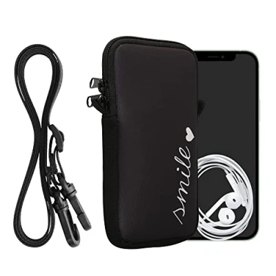 Abbildung von kwmobile Handytasche für Smartphones XXL 7&quot; Neopren Handy Hülle Weiß Schwarz Tasche mit Kette 17,7 x 8,5 cm Innenmaße Smile Herz