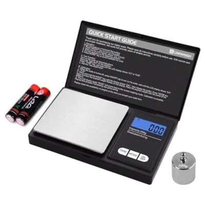 Abbildung von UNIWEIGH Digitale Grammwaage,200g 0.01g/0.001oz Gewichtswaage Gramm und Unze,Elektronische Smart Mini Taschenwaage mit 100g Kalibrierungsgewicht,für Getreide,Gold,Schmuck,Strom,LCD
