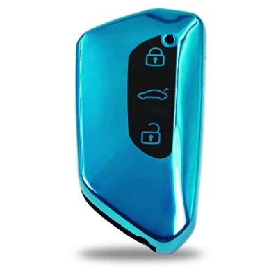 Abbildung von Autoschlüssel Hülle für 3 Tasten Auto Schlüssel TPU Schutzhülle Chrom Hochglanz Schlüsselhülle Cover Kfz Zubehör VF (Chrom Blau)