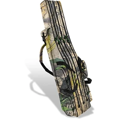 Abbildung von Rutentasche Rod Case Angelkoffer Futteral mit 2, 3 oder 4 Ruten Fächern, Verschiedene Längen wählbar stark wasserabweisender Fishing Rucksack Farbe Grün Tarnfarbe Innenfächer Größe 125 cm