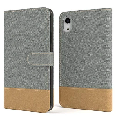 Abbildung von EAZY CASE Tasche kompatibel mit iPhone XR Stoff Schutzhülle Standfunktion Klapphülle im Bookstyle, Handytasche Handyhülle Flip Cover Magnetverschluss und Kartenfach, Kunstleder, Hellgrau