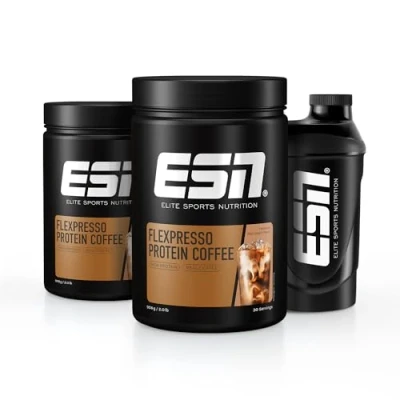 Abbildung von ESN Flexpresso Protein Coffee + Gratis Shaker, Hazelnut Macchiato, 2 x 908 g, Cremiger Kaffee mit bis zu 22 g pro Portion made in Germany
