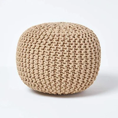 Abbildung von Homescapes Pouf Strickpouf rundes Bodenkissen, Sitzpouf 35 x 40 cm, gepolsterter Sitzhocker, Sitzpuff/Puff mit grob gestricktem Bezug aus 100% Baumwolle, Strickpuff, beige/cremeweiß