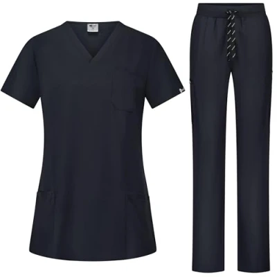 Abbildung von B well BELLA Damen Schrubb Set Schlupfkasack + Schlupfhose Medizin Arzt Uniform Schlupfjacke Oberteil mit Hose Medizinische Berufsbekleidung Elastan (Schwarz, XL)