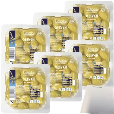 Abbildung von usy Bundle für Liakada Grüne Oliven mit Mandeln 6er Pack (6x100g Packung) + Block