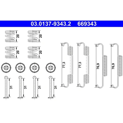 Abbildung von ATE 03.0137 9343.2 Zubehörsatz, Feststellbremsbacken NISSAN: Murano II, GT R, INFINITI: Q50 Limousine