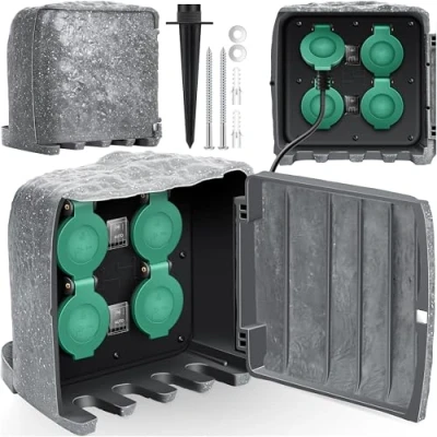 Abbildung von KESSER® Gartensteckdose Steinoptik mit 4 Steckplätzen Inkl. Erdspieß, Mehrfachsteckdosen aussen 3m Kabel Außensteckdose IP44 Wasserdicht Steinsteckdose ON/Auto Dämmerungssensor, Grau