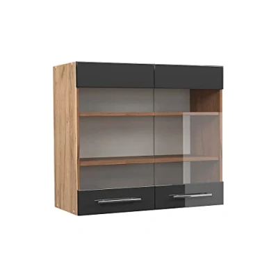 Abbildung von Vicco Küchenschrank Glas Fame Line, Anthrazit Hochglanz/Goldkraft Eiche, 80 cm