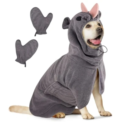 Abbildung von Bibykivn Bademantel für Hunde, Hundebademantel Aus Mikrofaser, Verstellbares Halsband Mit Klettverschluss Schnell Trocknend Badetuch Große Mittelgroße Kleine Hunde/Katze (Graues Nashorn, L)