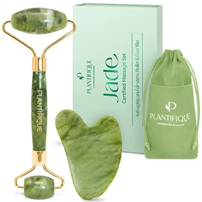 Abbildung von Plantifique Jade Gesichtsroller und Gua Sha Stein Set Natürliches Face Roller &amp; Guasha für Lymphdrainage Massage Gesicht, Augenroller Gesichtsmassage