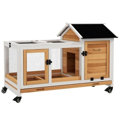 Abbildung von PawHut Kleintierstall Zwergkaninchenstall aus Holz mit Freilaufgehege, Rädern, Klappdach, Ausziehbarem Tablett für Indoor, Outdoor, Gelb