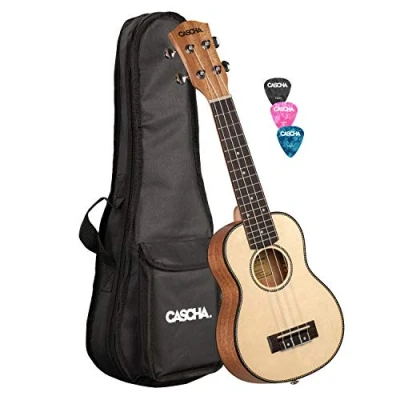 Abbildung von CASCHA Sopran Ukulele, Massive Fichtendecke, Solid Top, Hawaii Gitarre Set mit Aquila Saiten, Zubehör, und 3 Plektren