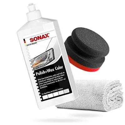 Abbildung von detailmate SONAX Hand Polier Set Polish+Wax Color weiß 500ml + Handpolierschwamm Puck im Verbundaufbau hart Ø90/50mm Edgeless Superflausch Mikrofaser Poliertuch 550GSM